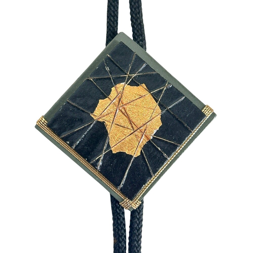 Artistic Handcrafted Bolo Tie Necklace Modern Olive Green Black Metallic Gold